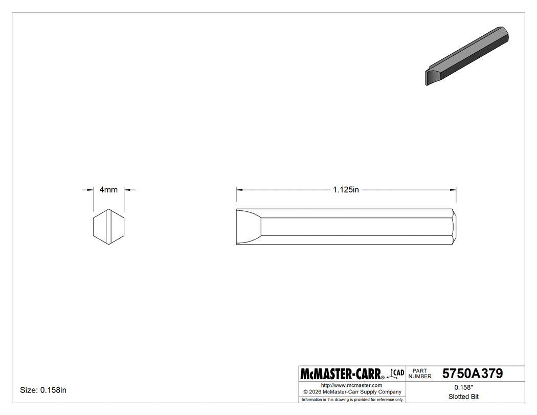 Technical Drawing of 0.158" Slotted Bit, 4 mm Hex Shank.
